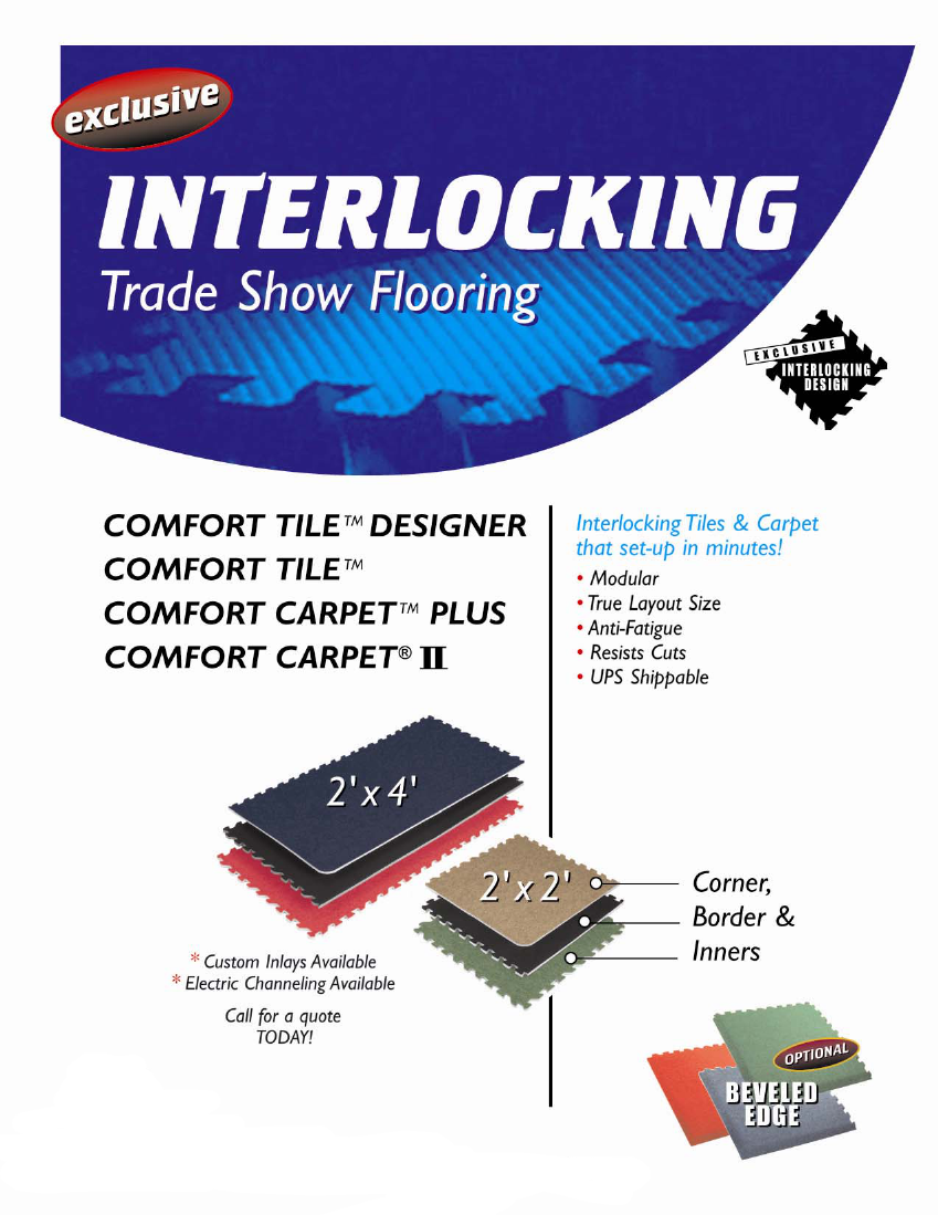 Interlocking Trade Show Carpet Tiles: True 5/8" Thick, Corner, Border and Inner is Only One Piece, Beveled Edge Available, Custom Inlays Available Page 1 