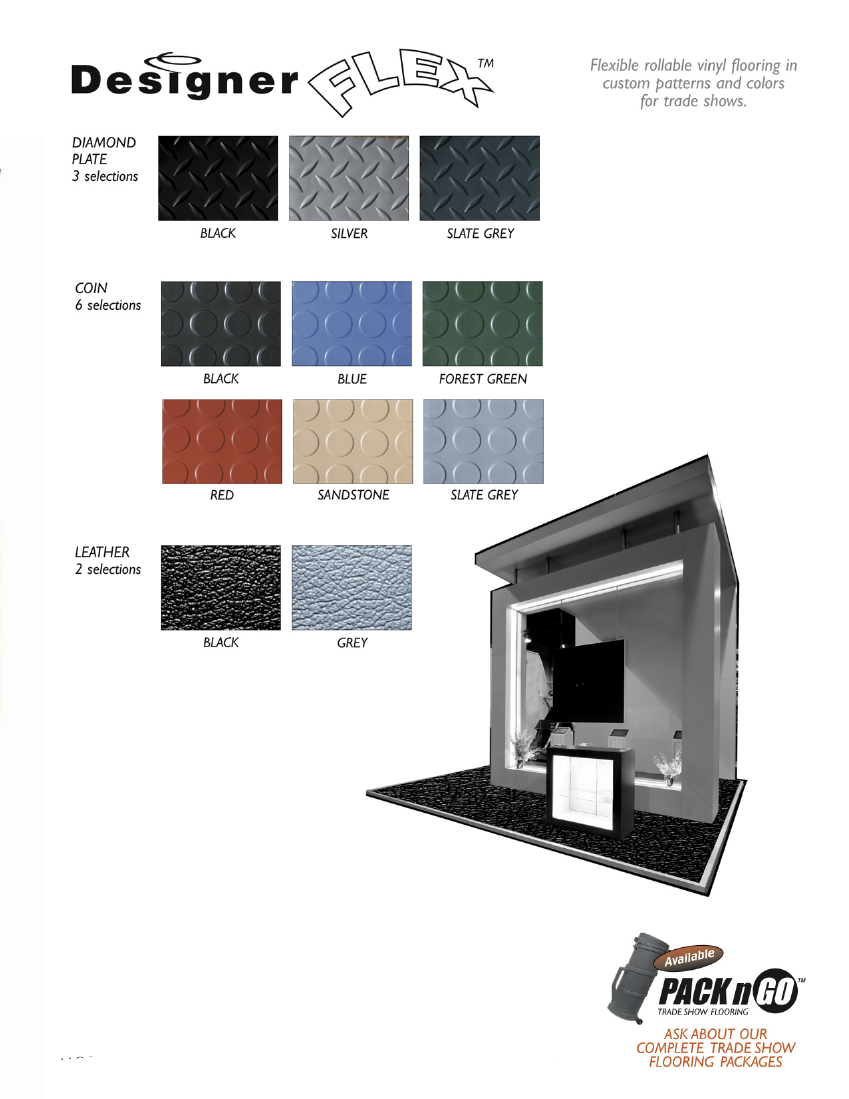 Designer Flex, Vinyl Flooring for Trade Shows | Available Styles Include Diamond Plate | Coin | Leather | Hi-Gloss | Matte